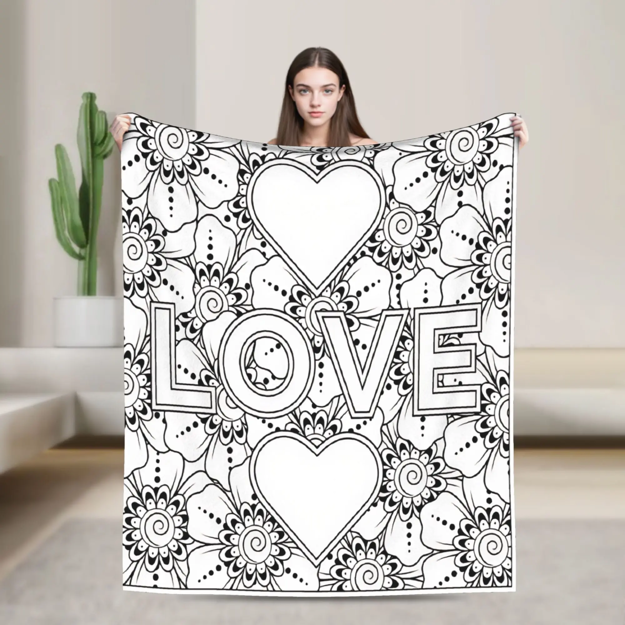 Love Double Heart Flower Mandala Throw Blanket Warm Funny Blankets  For Bedroom Plane Travel Flannel Bedspread Bed Cover