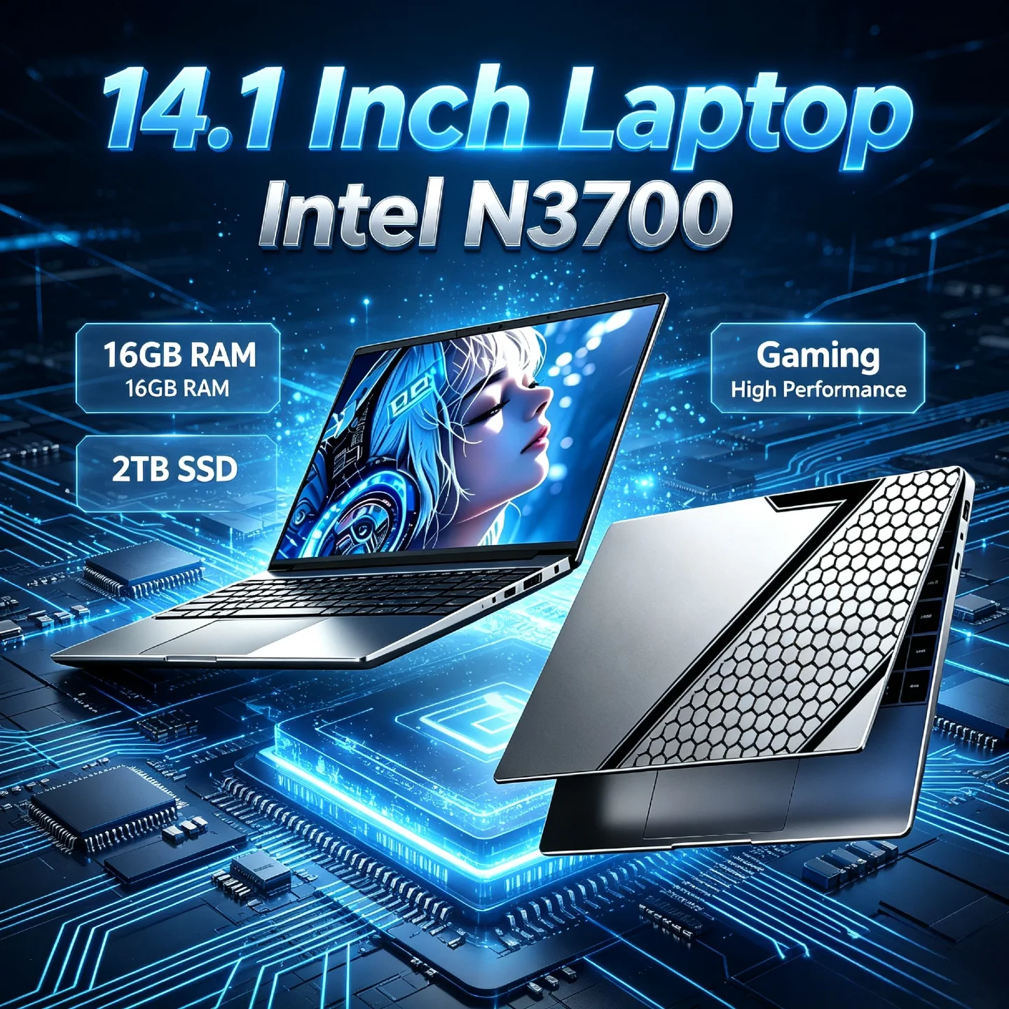 N3700 14.1 Inch Ultra Slim Laptop 4C 4T 2.4GHz 16GB RAM 2TB SSD Gaming Pro High Performance Unit Plus Notebook