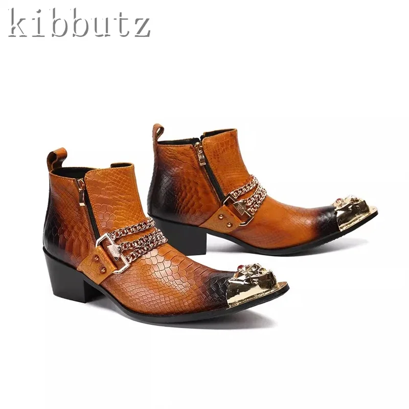 

Мужские ботинки из натуральной кожи на высоком каблуке с острым носком, ботильоны с металлическим носком и цепочкой, модные вечерние свадебные туфли