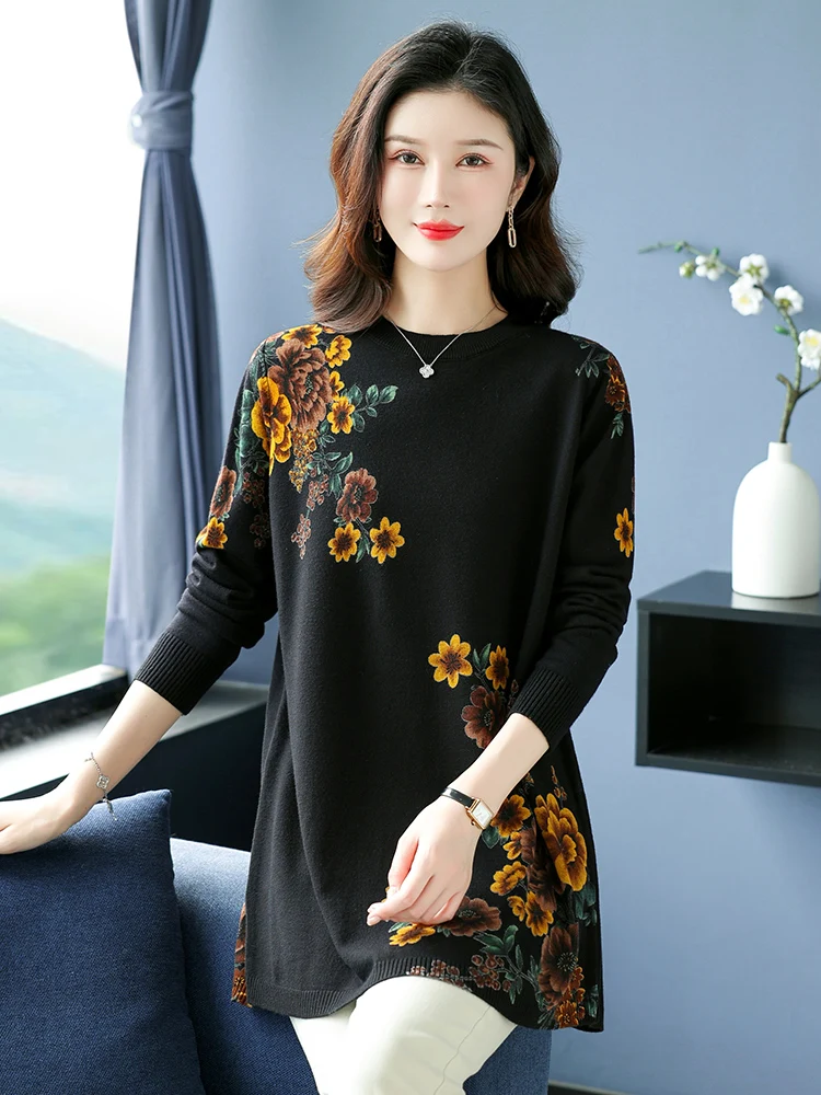 

Floral Print Sweaters Autumn Casual Long Sleeve Top Pullovers Knitwear Jumper Pull Elasticity Long Sweater Women