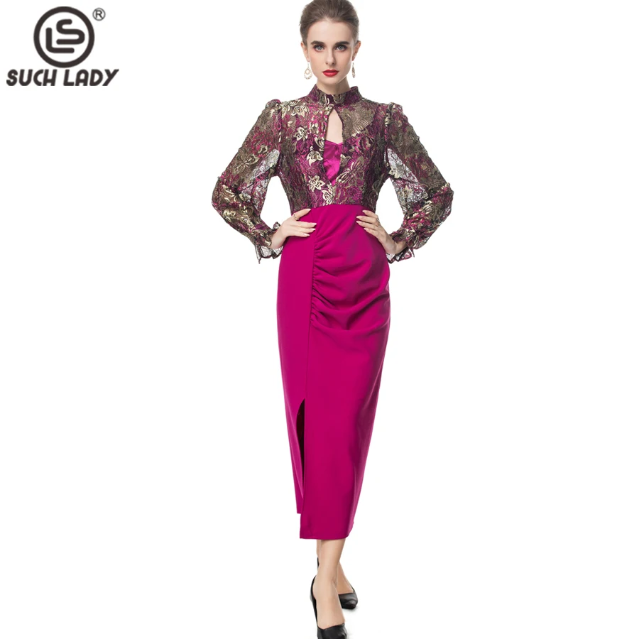 

Women's Dress Stand Collar Long Sleeves Sexy Keyhole Patchwork Printed Split Elegant Fashion High Street Vestidos