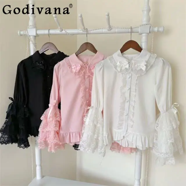 

Spring and Autumn Japanese Sweet Lolita Style Long Sleeve Shirt Girls Women Bow Lace Stitching Slim Fit Elegant Blouse Tops