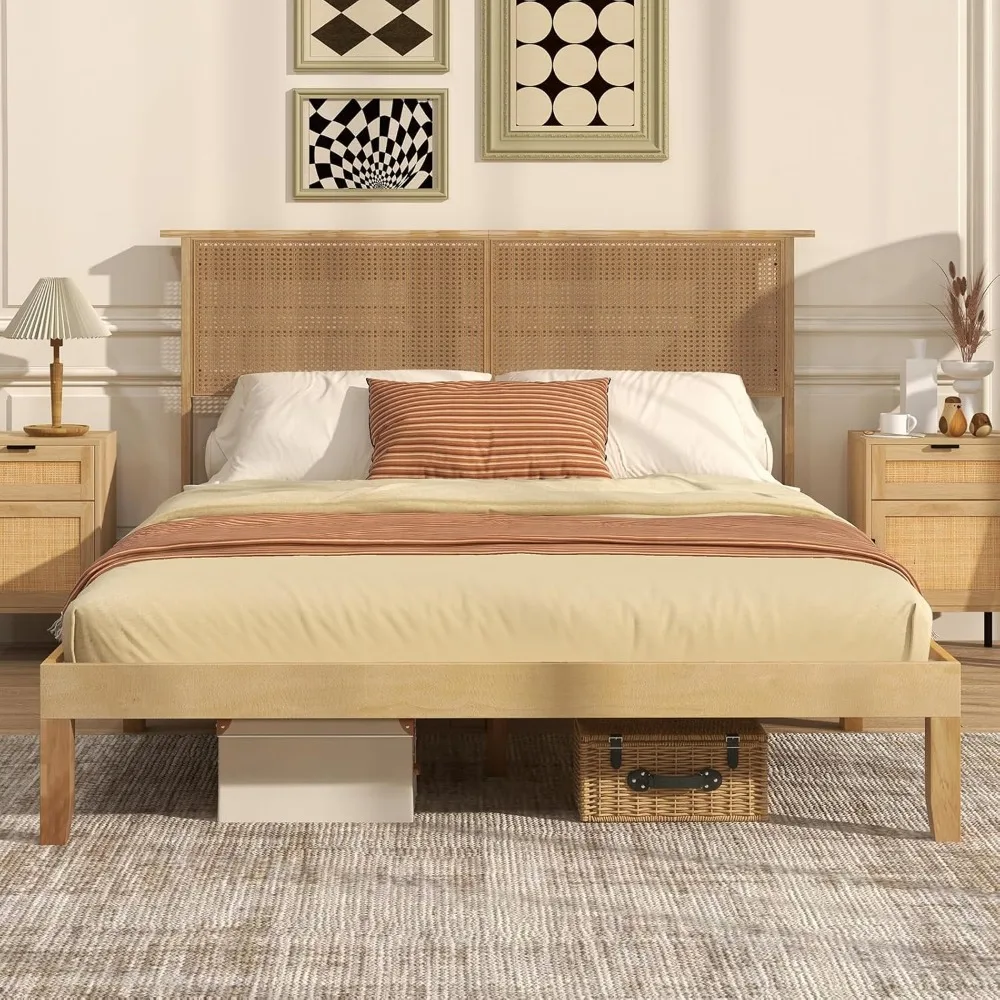 Giantex Queen Size Rattan Bed Frame with Rattan Headboard, Boho Solid Wood Platform Bed with Wooden Slats, 12 Inch Bed Frame Que