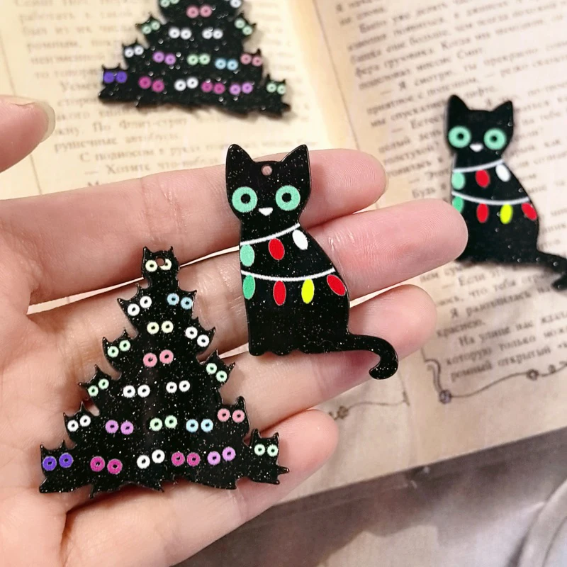 Breloques en acrylique colorées pour arbres de noël, chat noir, porte-clés de noël scintillant, boucle d'oreille, pendentif, accessoire de fabrication de bijoux à faire soi-même, 6 pièces