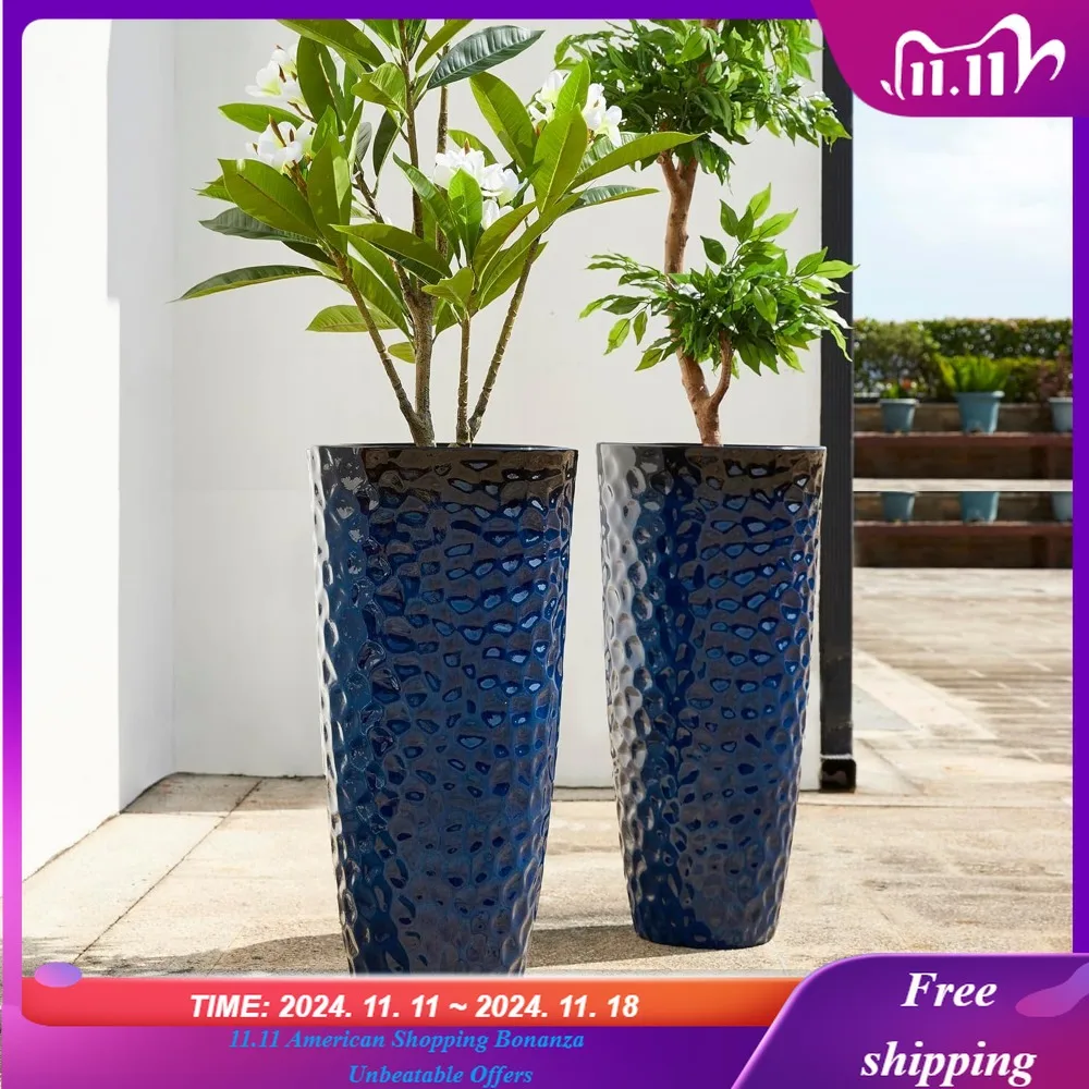 

Негабаритный высокий горшок для растений, набор из 2-х круглых садовых горшков с сотовой текстурой и градиентом кобальта-синего цвета с дренажем