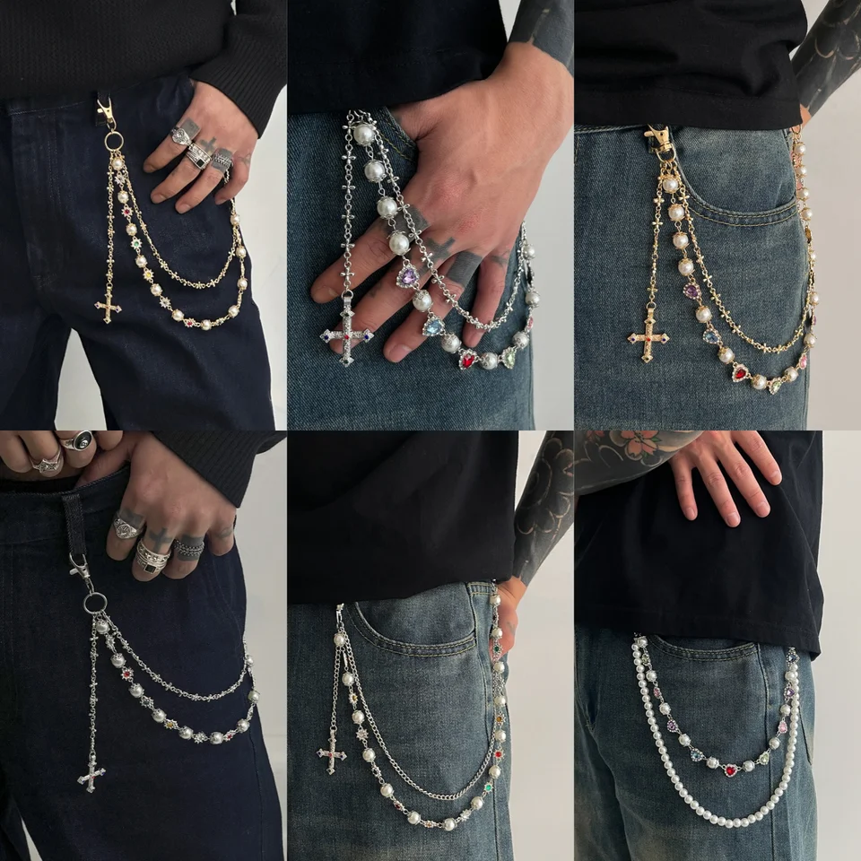 Exquisite Luxury Cross Pendant Imitation Pearl Keychain Belt Chain