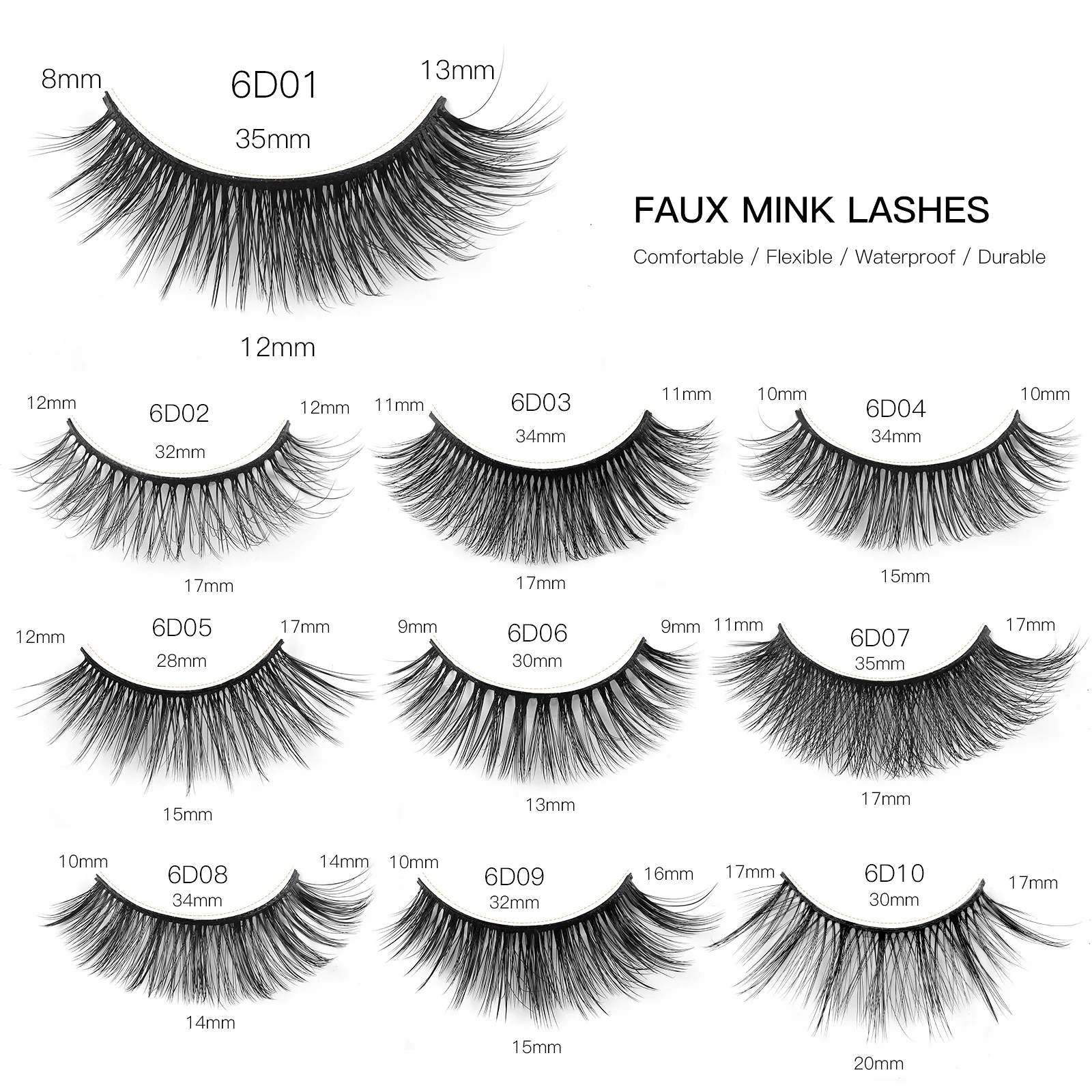 Natural Soft Fluffy Cílios, Wispy Full Strip Lashes, Faux Mink, Wispy Extensão, Ferramenta de Maquiagem, 6D, 5 Pares