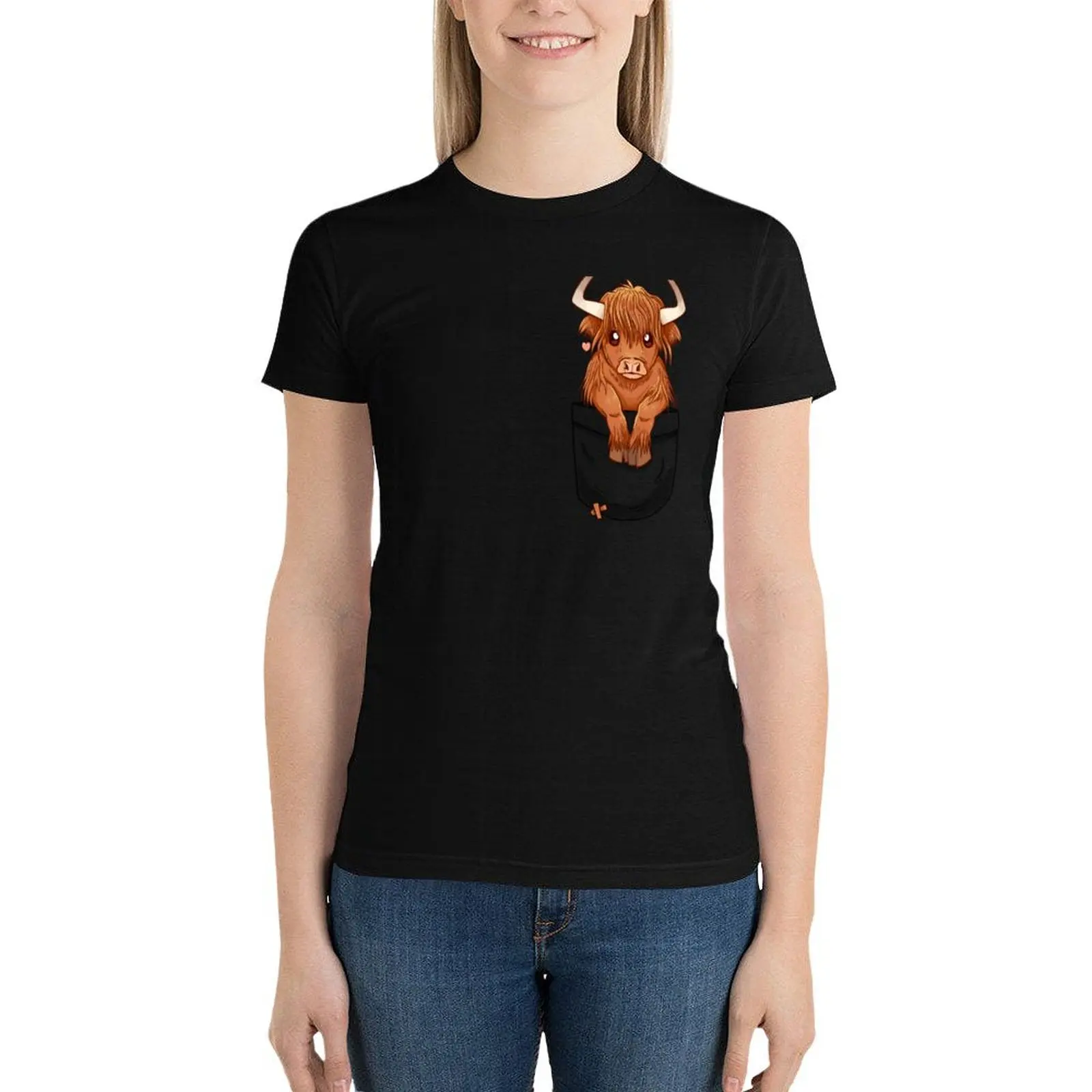 Pocket Cute Scottish Highland Cow T-Shirt lady clothes hippie clothes graphics Blouse t-shirts for Women graphic tees
