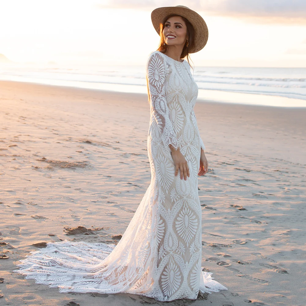 Customized Boat Neck Buttons Beach Maxi Wedding Gowns Plus Size Open Back Mermaid Fitted Stretchy Soft Lace Boho Bridal Dress