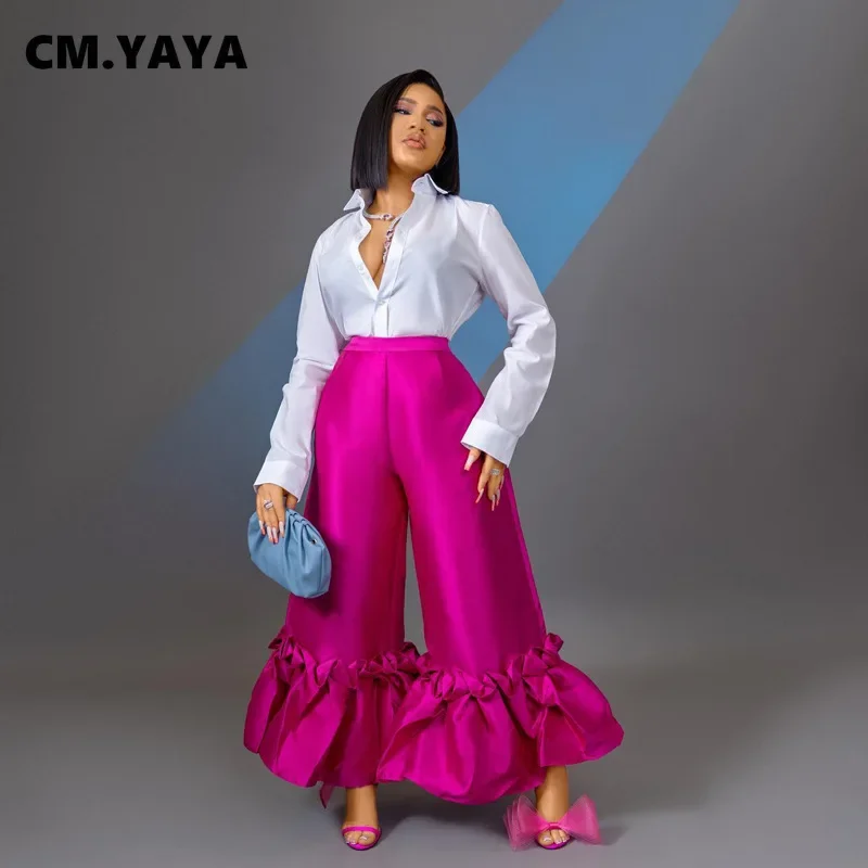 CM.YAYA, pantalones acampanados de pierna ancha holgados de cintura alta con dobladillo con volantes elegantes para mujer, pantalones INS negros y rosas de verano 2022