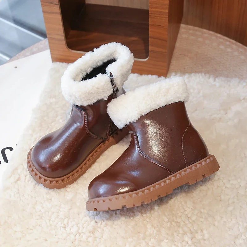 Toddler Girls Winter Snow Boots, Shiny PU Leather with Faux Shearling Cuff, Back Zipper Plush Fleece Lined Warm Ankle Boots