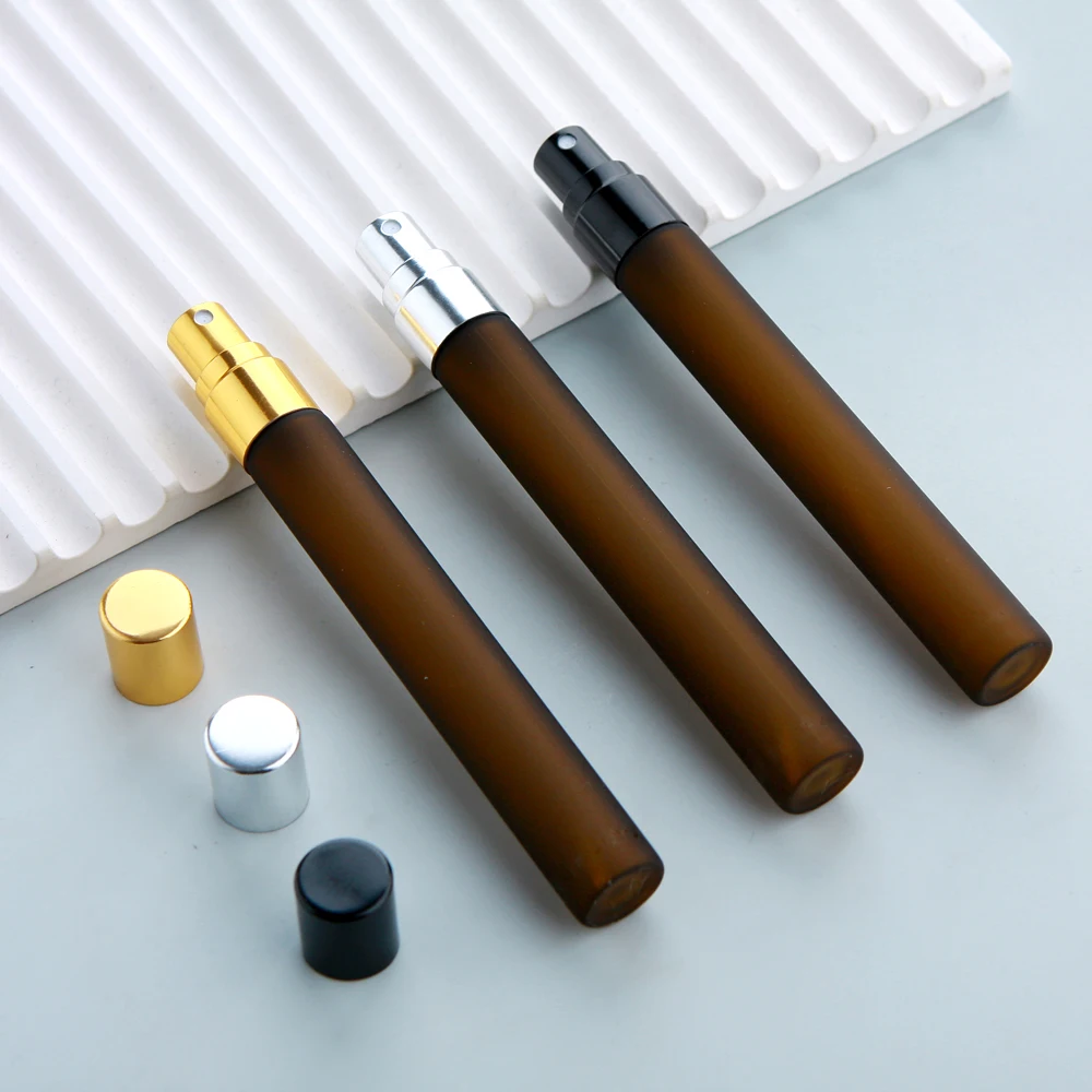 50Pcs 10ml Portable Amber Frosted Spray Perfume Bottle Aluminum Nozzle Perfume Cosmetic Empty Refillable