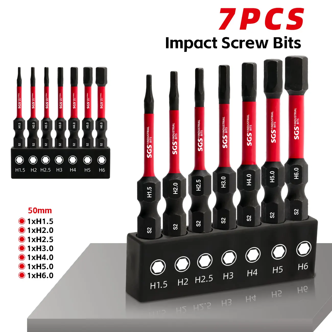 7-teiliges Premium-Sechskant-Innensechskantschraubendreher-Bit-Set, magnetisch, 50 mm (H1.5 H2 H2.5 H3 H4 H5 H6), S2-Stahl, 1/4 Zoll Sechskantschaft