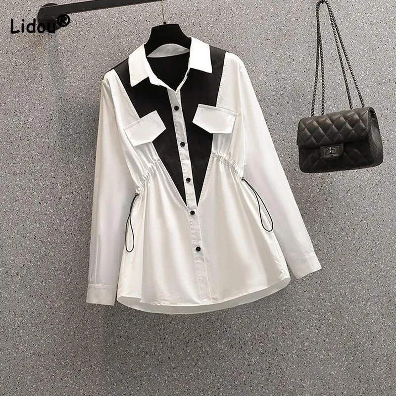 Fashion All-match Female Long Sleeve Chic Spliced Blouse Spring Women's Clothing Korean Casual Single-breasted Waist Shirt New