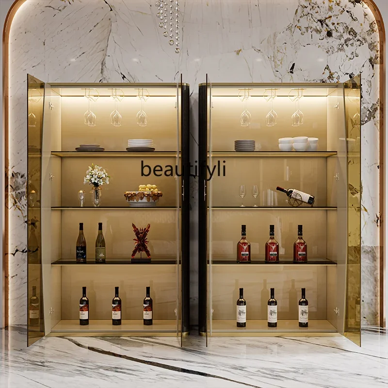 

yj32 Light luxury glass wine cabinet against the wall wine cabinet restaurant simple fashion modern paint double door bookcase