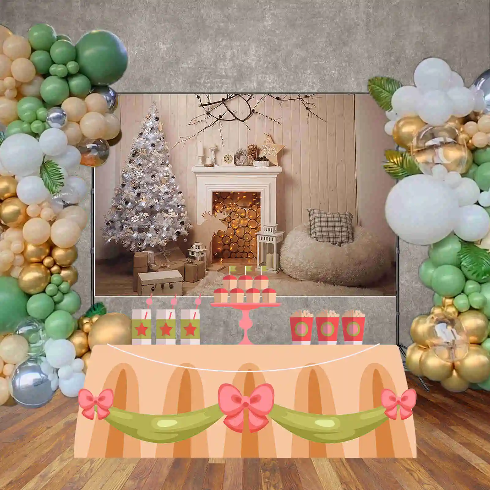 MOON.QG Christmas Tree Living Room Photography Background Fireplace Wood Brick Wall Photo Backdrop New Year Shooting Photo Zone