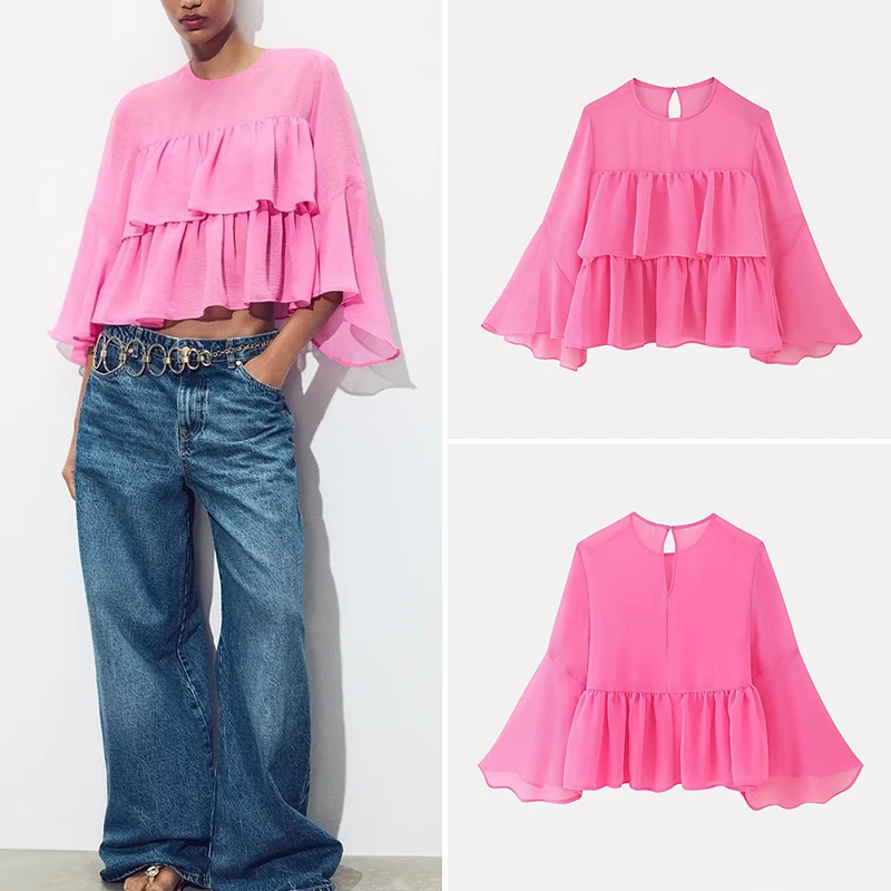 Lente 2025 Dames Faion irt rond Ne Gelaagde Decoratie Ba Split Sweet Sle Pure Kleur Polyestervezel 00%