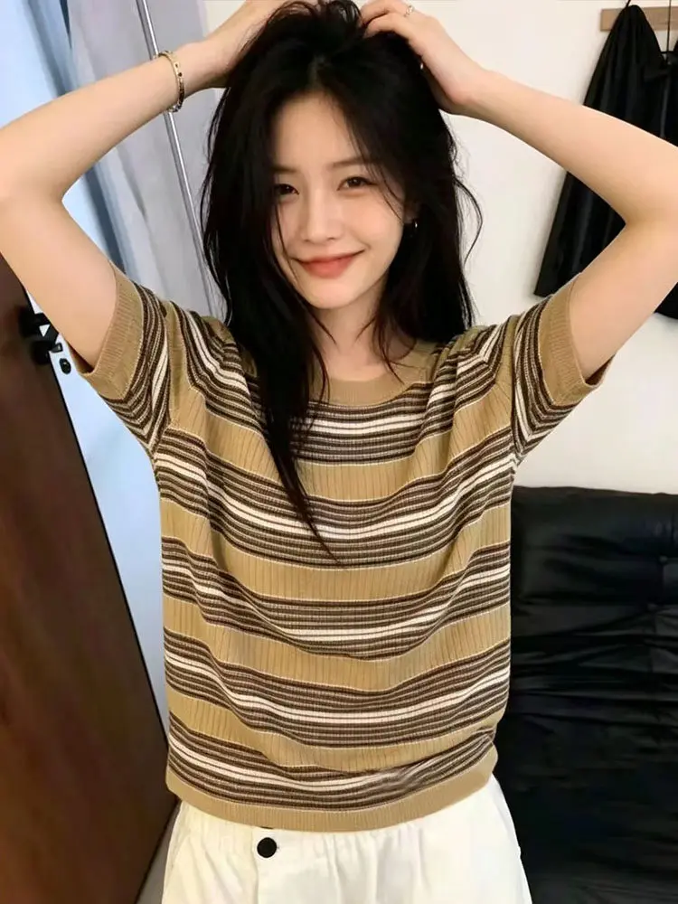 Ice Silk Stripe Knitted Top Women's Loose Fit Short Sleeve V-Neck Thin Summer T-Shirt Commute Style 2026 Spring Summer