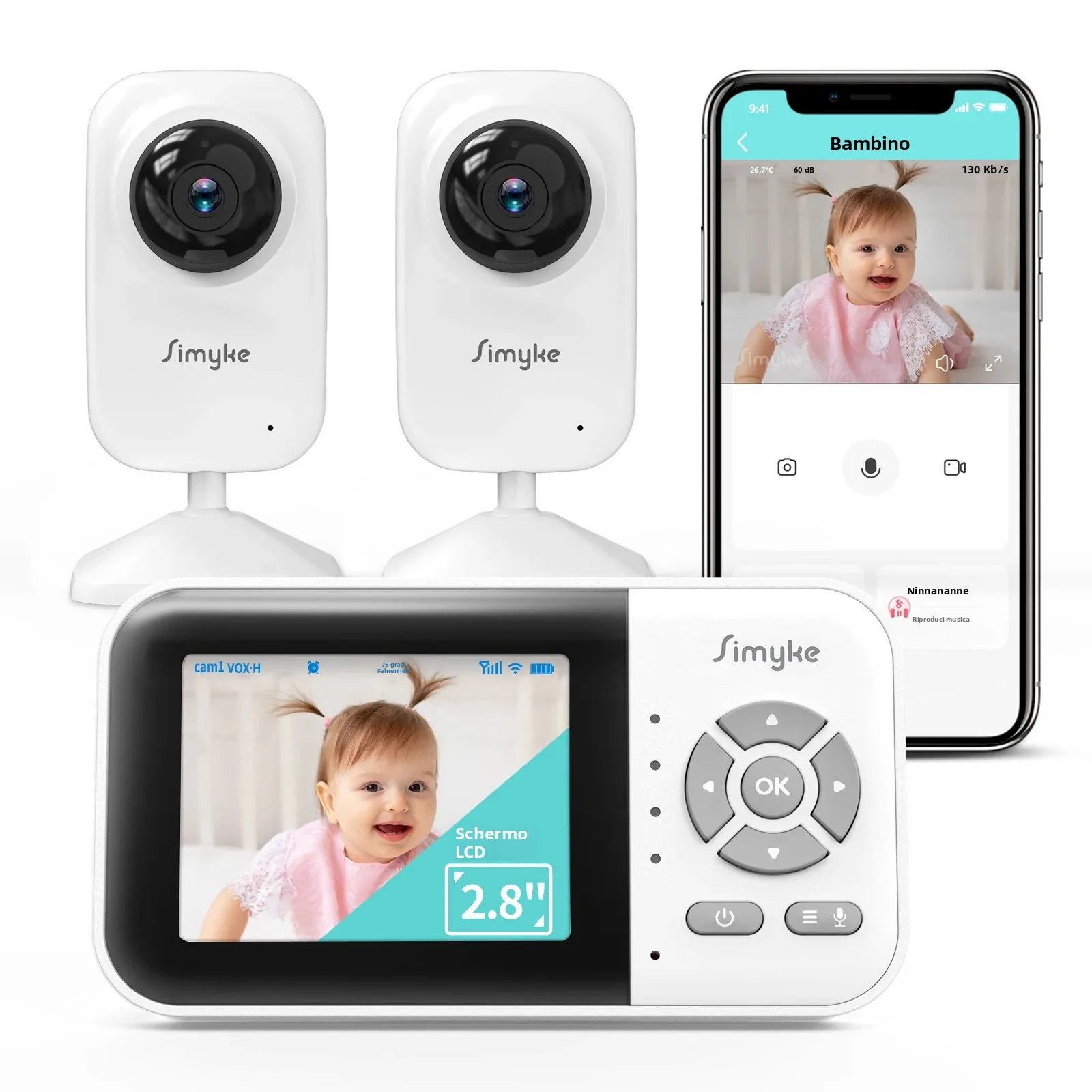 Monitor Video per Bambini Simyke con Doppia Telecamera, LCD da 2,8'', Wireless, Visione Notturna, Audio Bidirezionale, Accesso tramite App, Portata di 365m, Timer per l'Alimentazione