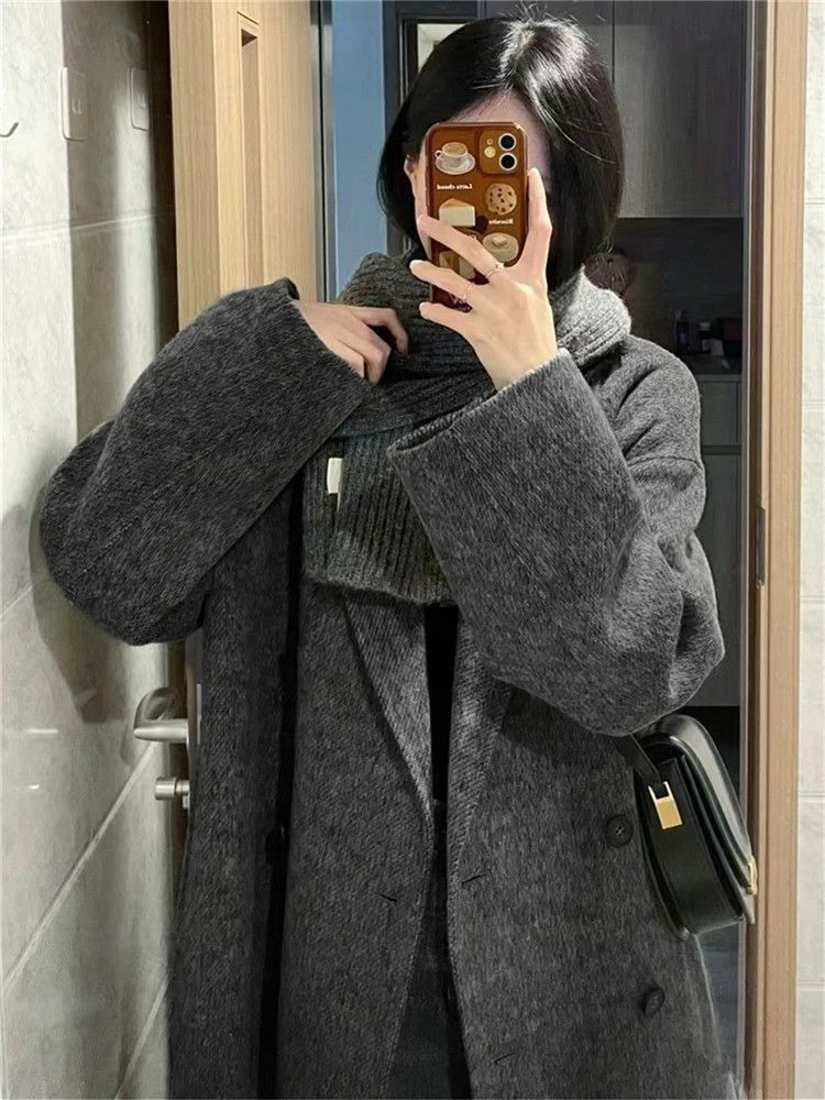 Woman's Oatmeal Wool Coat Autumn Winter Petite Size Korean Fashion Mid Length Warm Thick Faux Fur Lined Overcoat