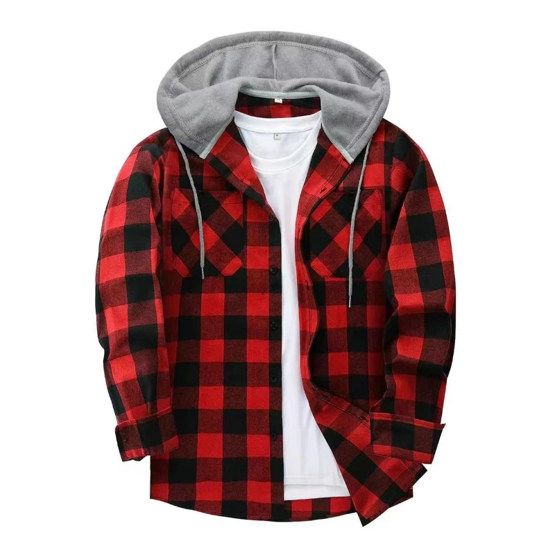 Men's Shirts Classic Plaid Casual Button Down Hooded Long Sleeved Double Pockets Shirt Hoodie Flannel Jacket Spring Autumn Tops