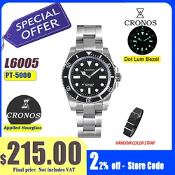 Cronos Sub Diving Men Automatic Mechanical Watch No Date PT5000 Brushed Bracelet Ceramic Bezel 200m Waterproof Adjustclasp L6005