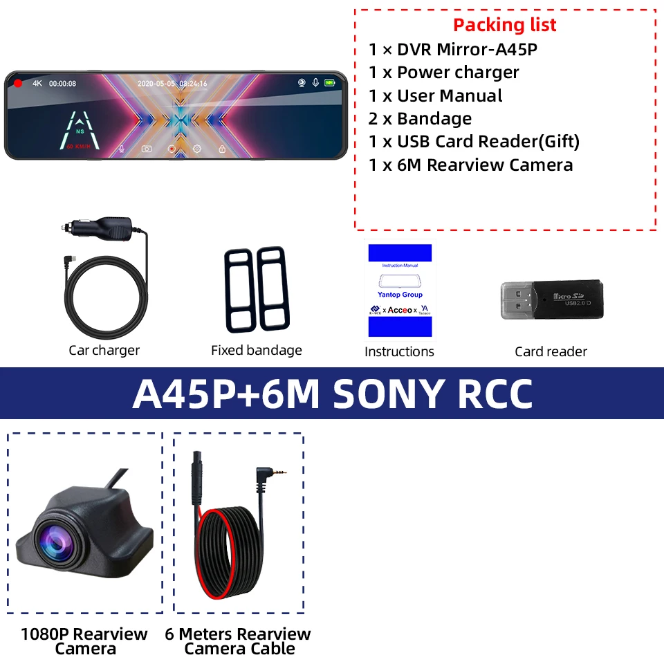 4K Achteruitkijkspiegel Rijden Recorder HD Nachtzicht Loop Recording Dash Cam Optioneel Achteruitrijcamera Achteruitrijcamera Auto DVR
