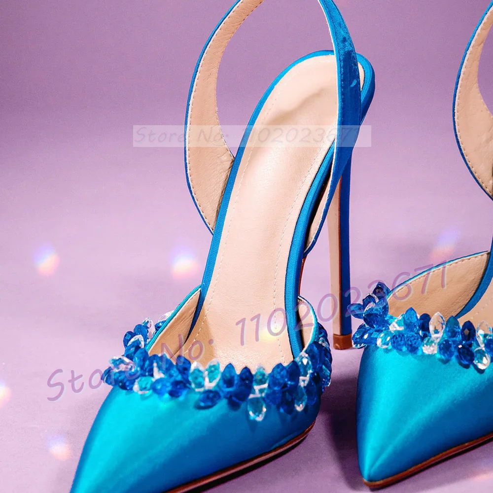 Blue Crystal Trim Elegant Satin Sandals Women Luxury Back Strap High Heels Party Shoes Ladies Summer Chic Pointy Toe Bling Pumps