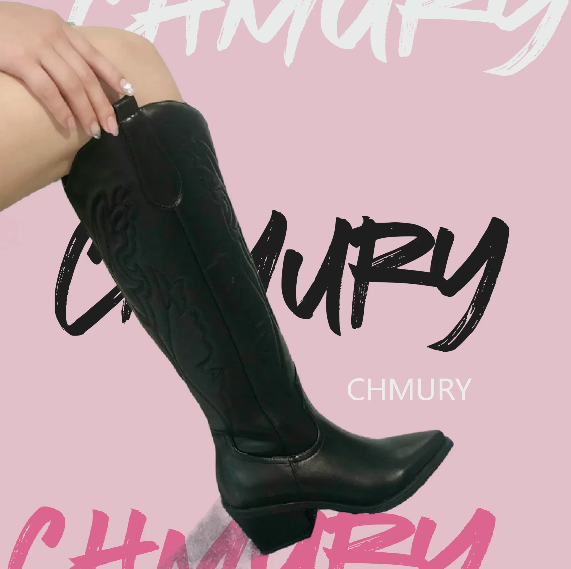 CHMURY Black Cowboy Boots for Women White Western Knee High Boot Cowgirl Drop Shipping Big Size 43 Hot Selling 2024