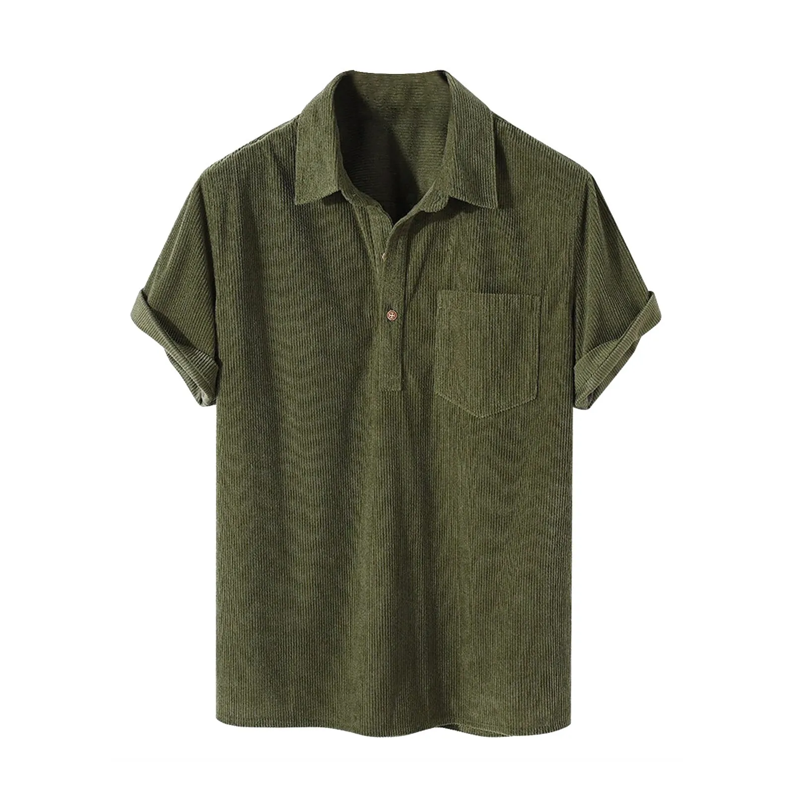 

Men'S Spring New T-Shirt Casual Corduroy Short Sleeve Tops Solid Color Pocket Lapel Button Polo Shirt Fashion Versatile Style