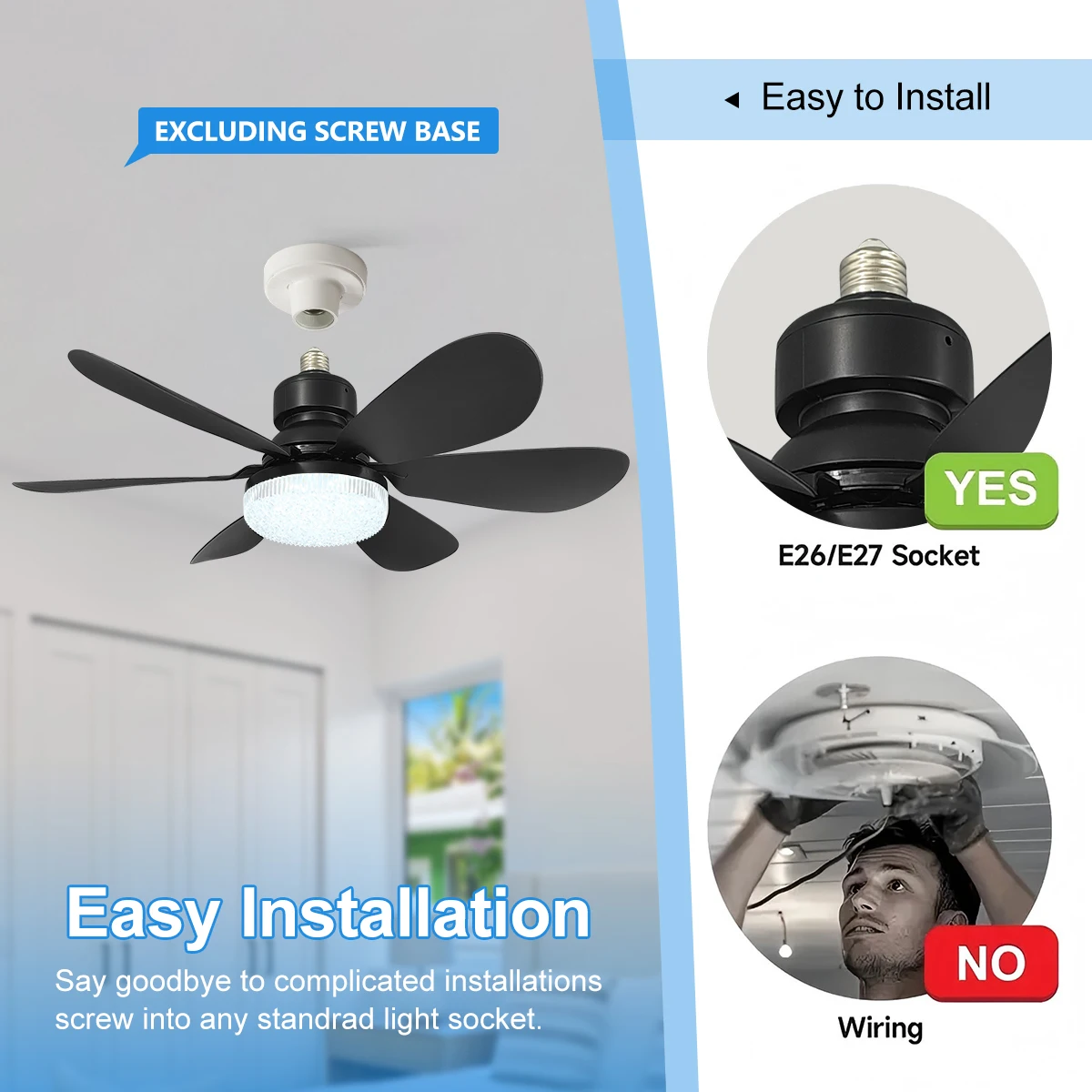 Ventilador de Techo Inalámbrico con Luz LED para Cocina, Dormitorio o Habitación Pequeña, con Control Remoto