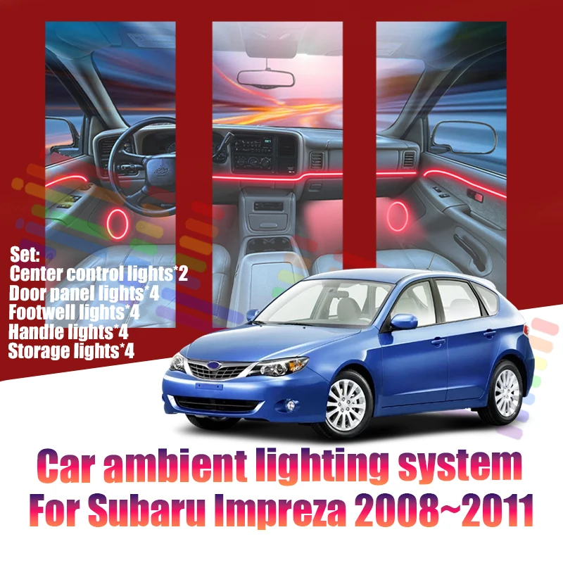 Luces LED Ambientales para Subaru Impreza 2008~2011 GE MK3, Luces de Atmósfera Coloridas, Tira de Neón Interior para Auto, Iluminación RGB de 64 Colores