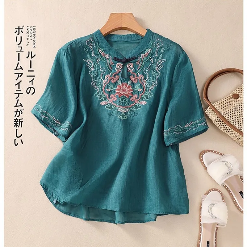 Summer New Chinese Style Pullovers Crew Neck Pan Button Embroidery Spliced Short Sleeve Elegant Loose Commuter T-shirt Tops