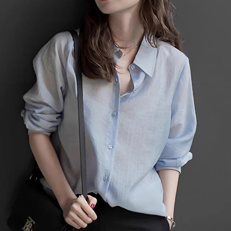 Primavera outono elegante blusa feminina fina 2025 novo azul manga longa único breasted coreano casual solto senhora do escritório camisa feminina