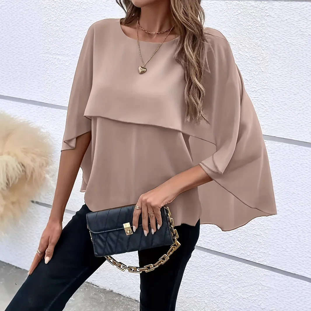 

Boho Simple Lace Blouses Women's Versatile Round Neck Solid Color Layered Cape Sleeve Chiffon Shirt For Women Fashion Pullover