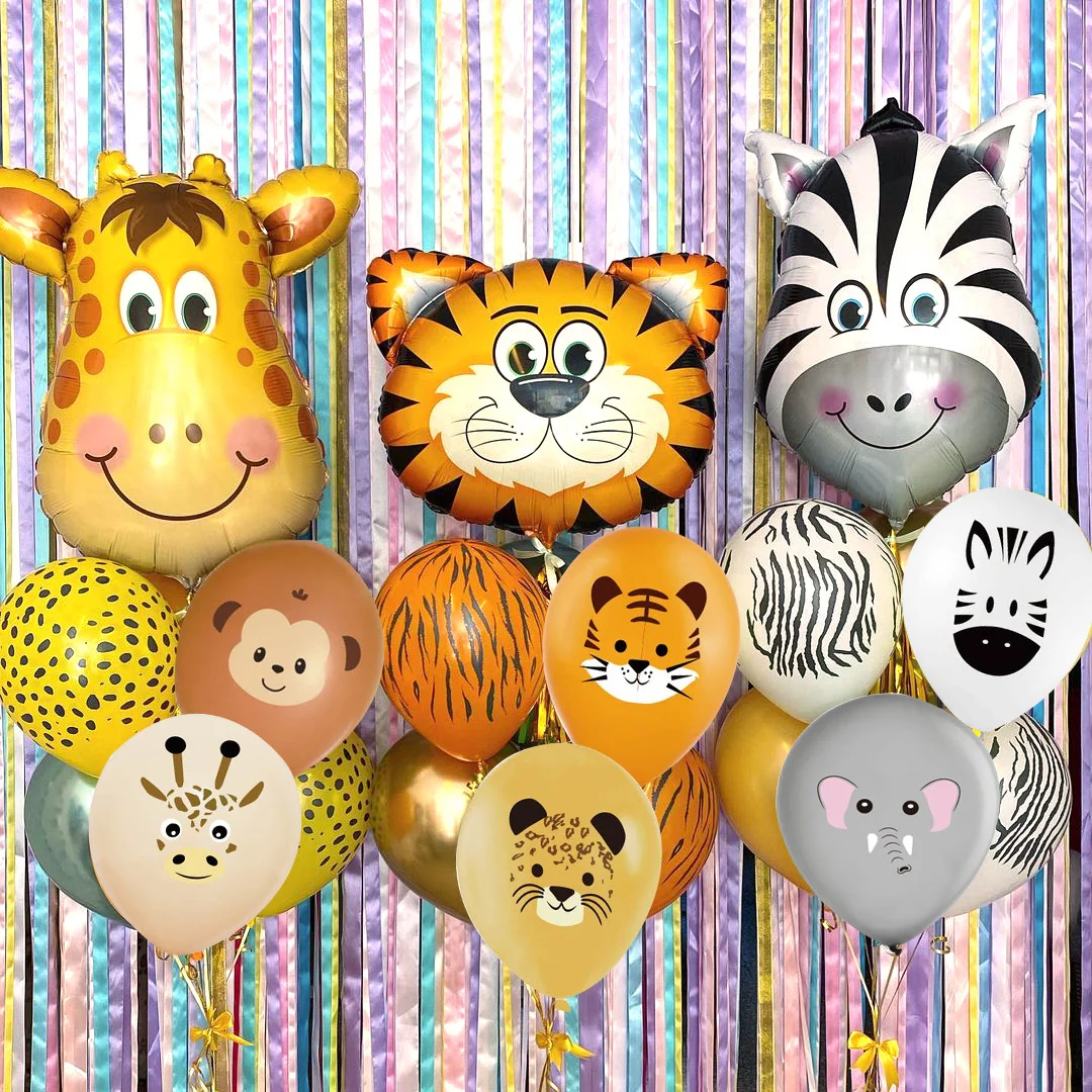 10pcs Carton Animal Monkey/Tiger/Giraffe Pattern Balloons for Jungle Wild Safari Birthday Party Decoration Forest Party Supplies