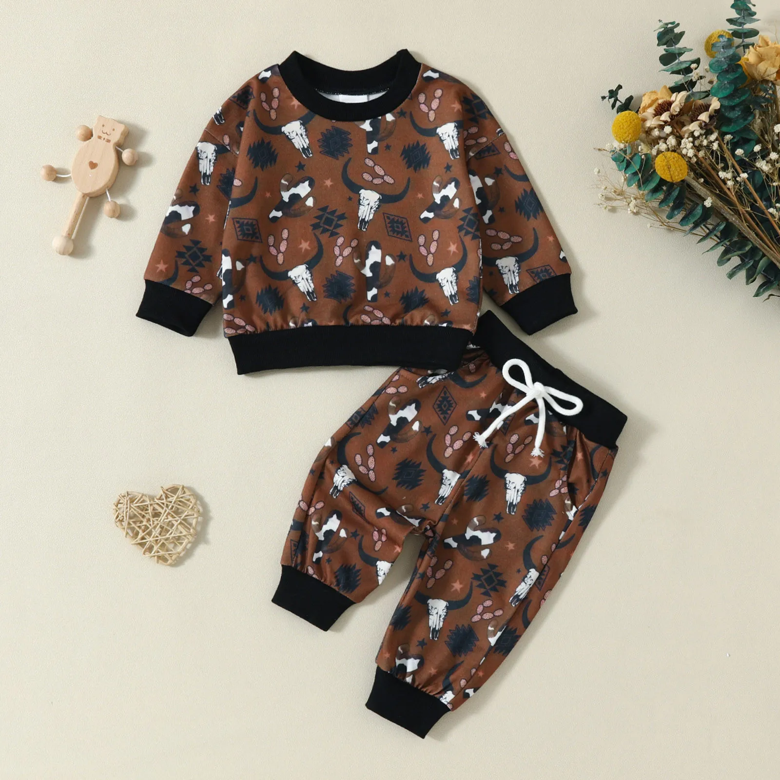 Newborn Infant Baby Boys Clothes Sets Cattle Head Cactus Print Long Sleeve Sweatshirt Pants Fall Outfit 2Pcs Baby Child Clothing