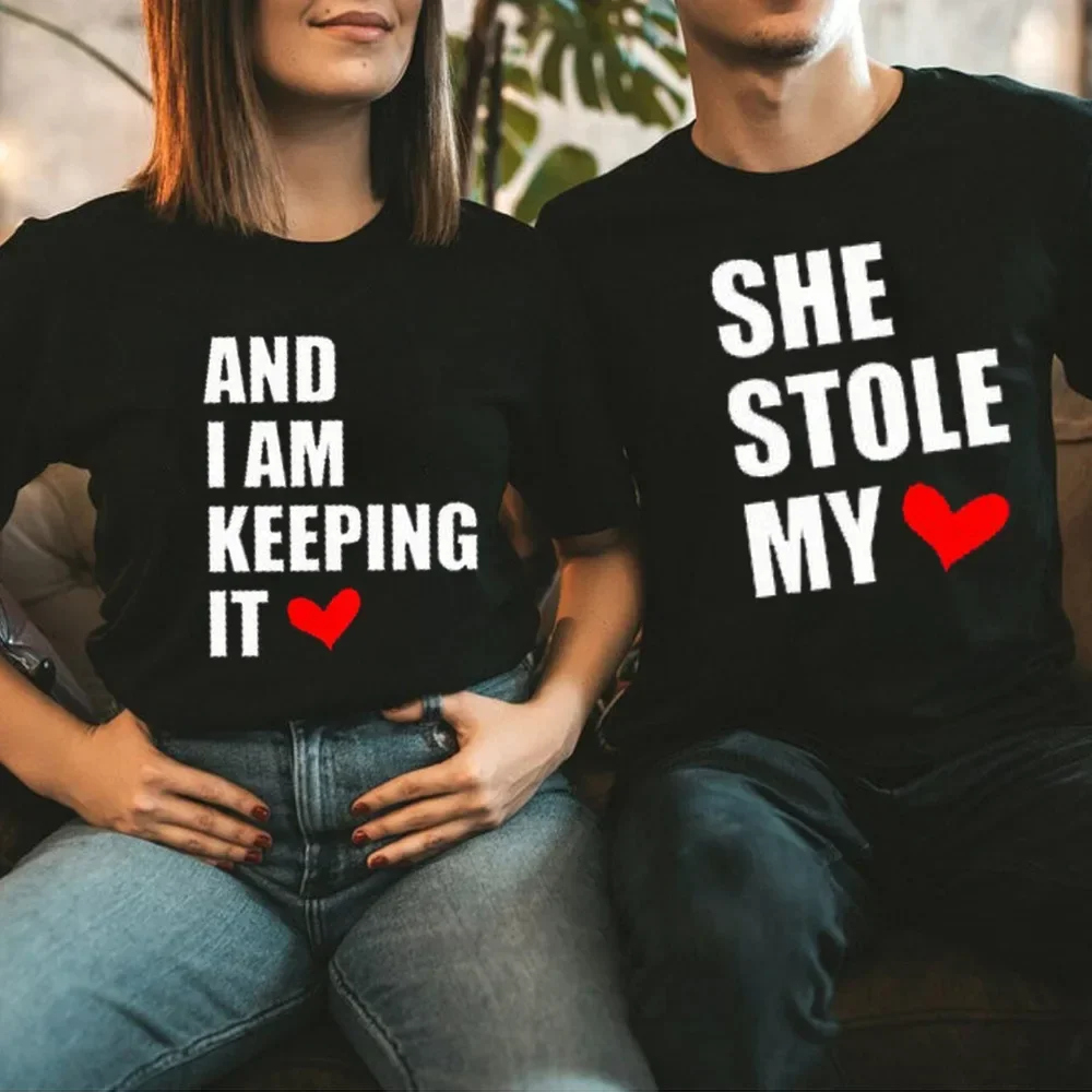 Valentine's Day SHE STOLE MY Heart I KEEPING IT Print Lovers T Shirt Couple Short Sleeve O Neck Loose Tshirt Women Tee Shirt