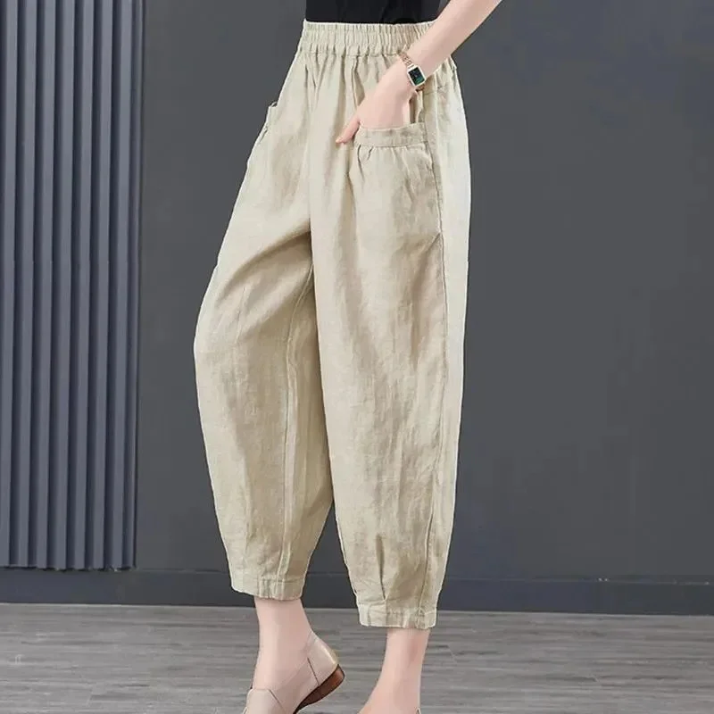 Pantalon sarouel en coton et chanvre pour femmes, ample, couleur unie, court, décontracté, neuf points, carotte, été 2025, pour maman