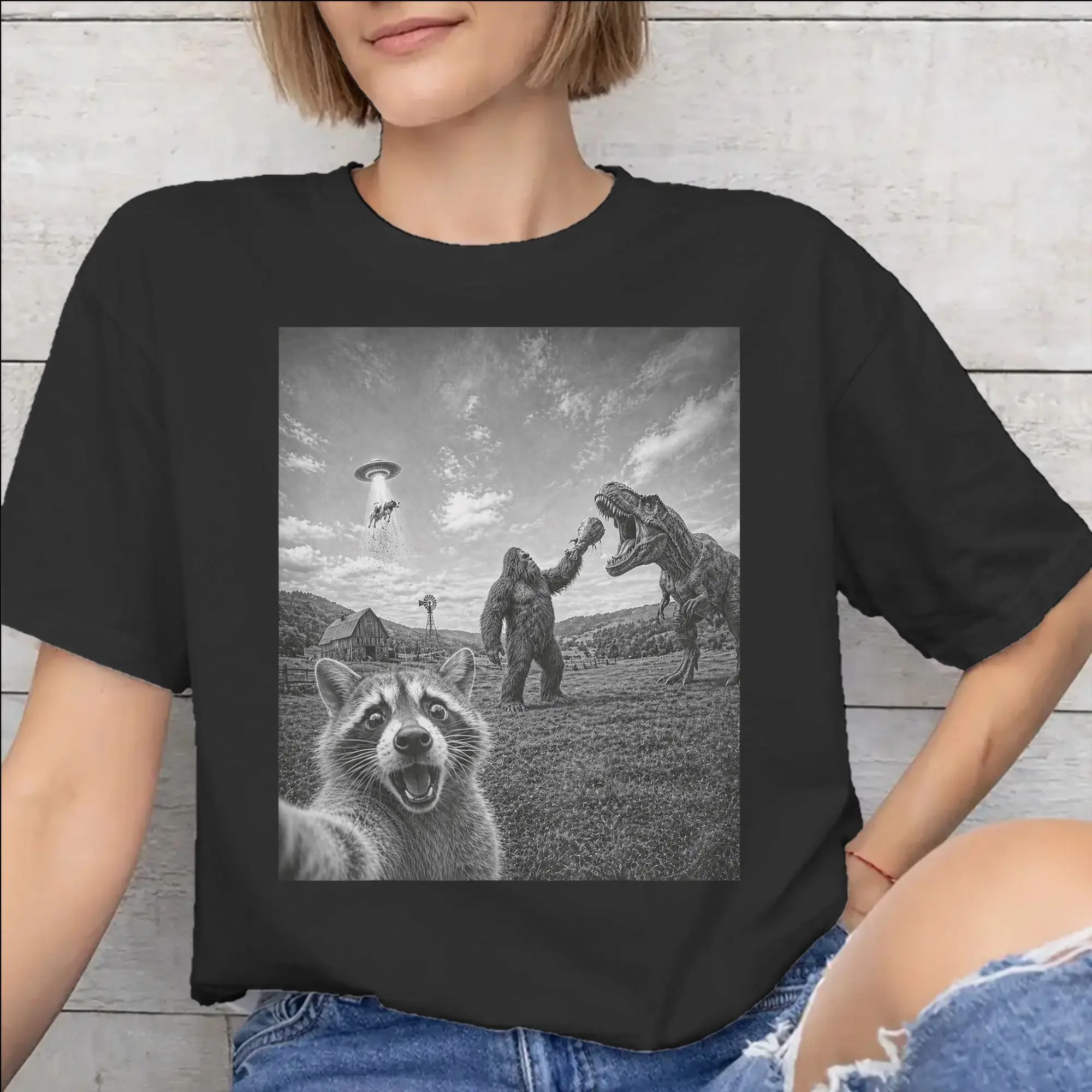 New Arrival Funny Bigfoot Ride Dinosaur Raccoon T Shirt For Unisex  Cotton Tee Shirt Short Sleeve Clothes