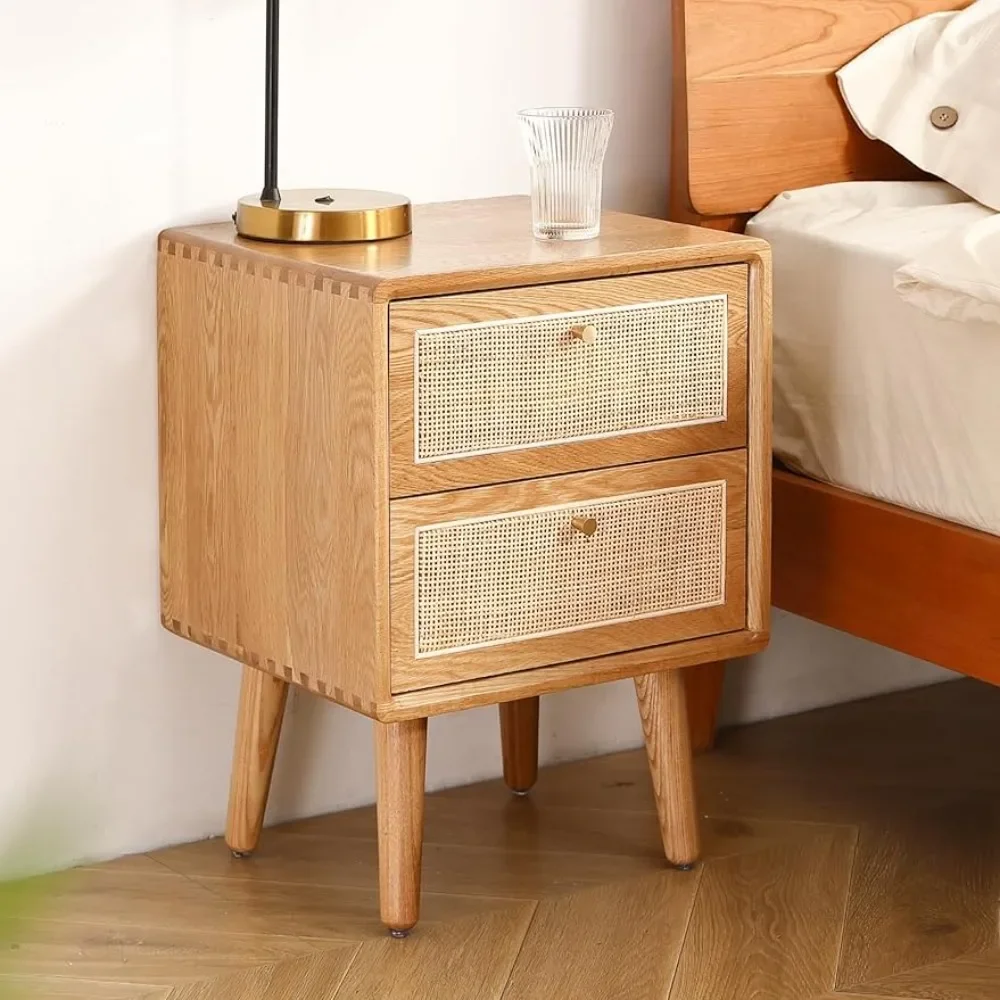 

Nightstand Easy Assembly Solid Oak Wood Mid Century Modern Night Stand with 2 Rattan Drawers 15.75" L x 13.78" W x 21.26" H