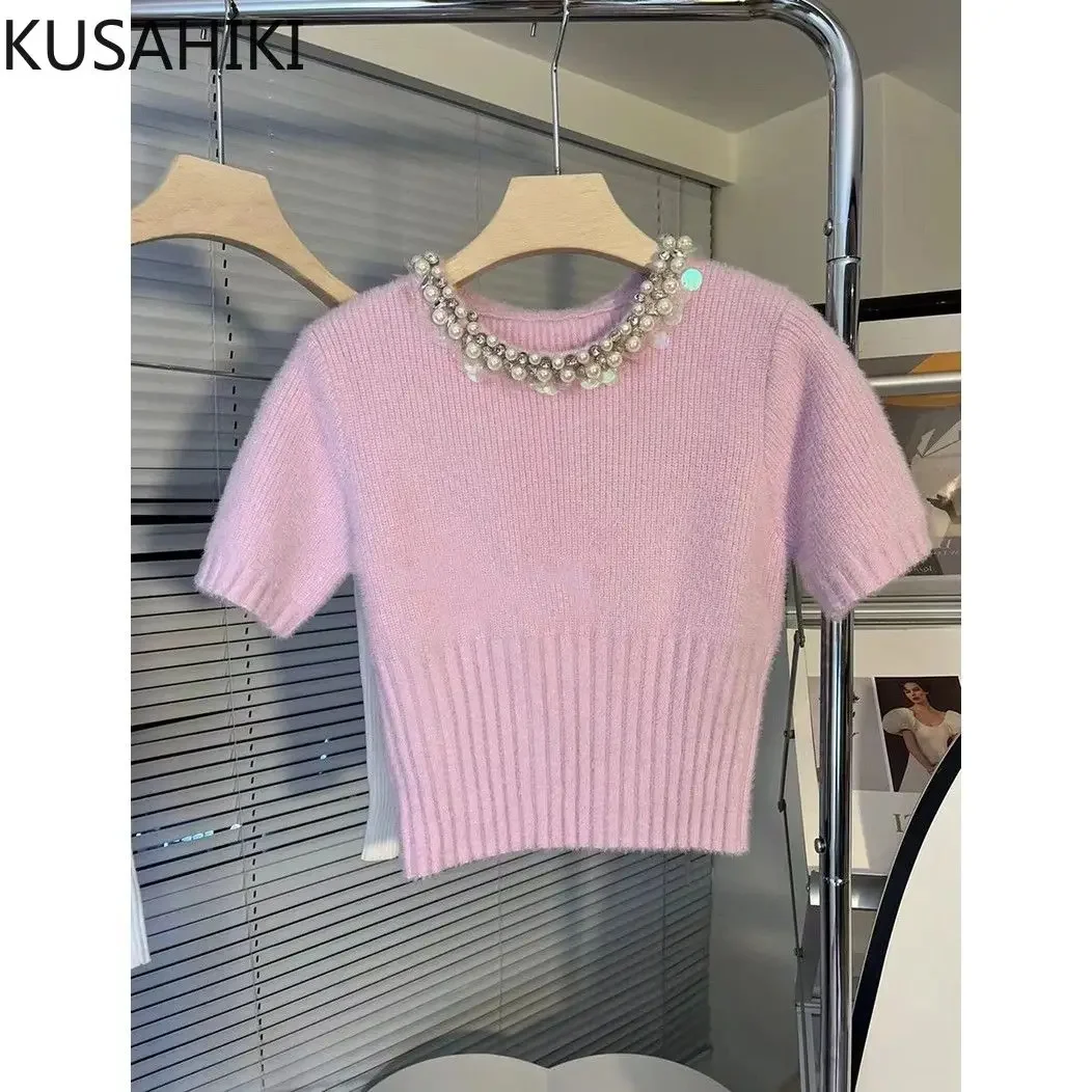 KUSAHIKI Pink Elegant Sweater Women 2024 Spring Fashion Beads O-neck Pullover Knitwear Causal Short Sleeve Korean Knitted Tops