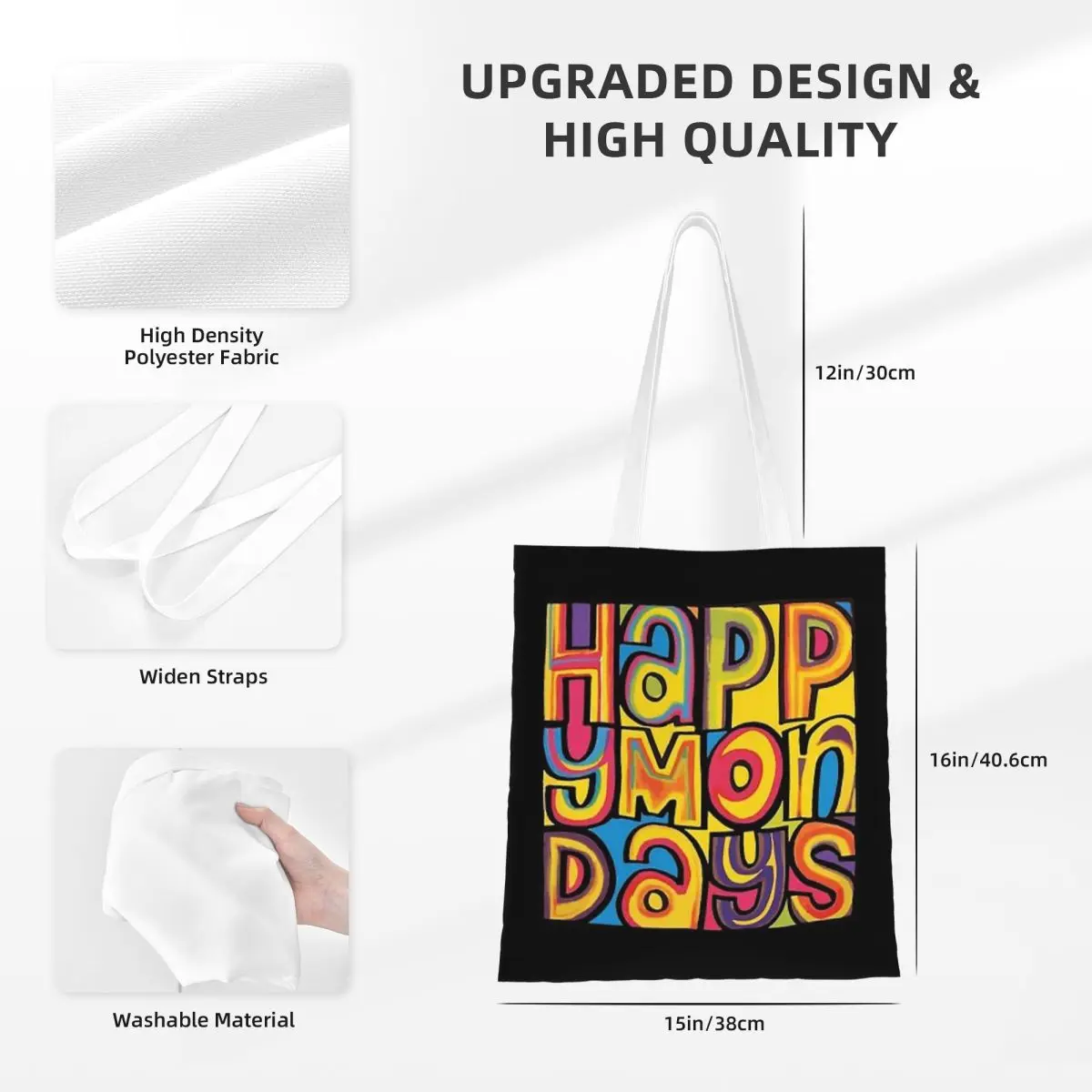 กระเป๋าช้อปปิ้ง Happy Mondays ผ้าแคนวาส กระเป๋าโท้ทแบบพับได้สำหรับเด็กผู้หญิง กระเป๋าสะพายไหล่ กระเป๋าเดินทาง