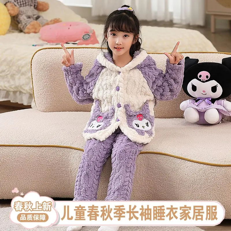 Anime Sanrios Kuromi Girls Coral Velvet Pajamas Hooded Autumn Winter Velvet Thickened Cinnamoroll Cartoon Home Clothes Set Warm