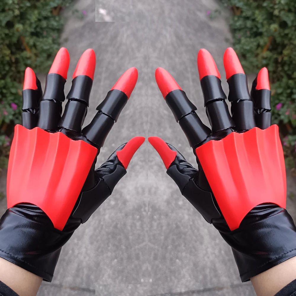 ถุงมือเล่นบทบาทสมมติแบบกลไกของเล่นรูปกระดูกสีแดงและสีดำ ถุงมืออัศวิน ทำจากวัสดุ PETG ที่พิมพ์ด้วยระบบ 3 มิติ มีความยืดหยุ่นสูง