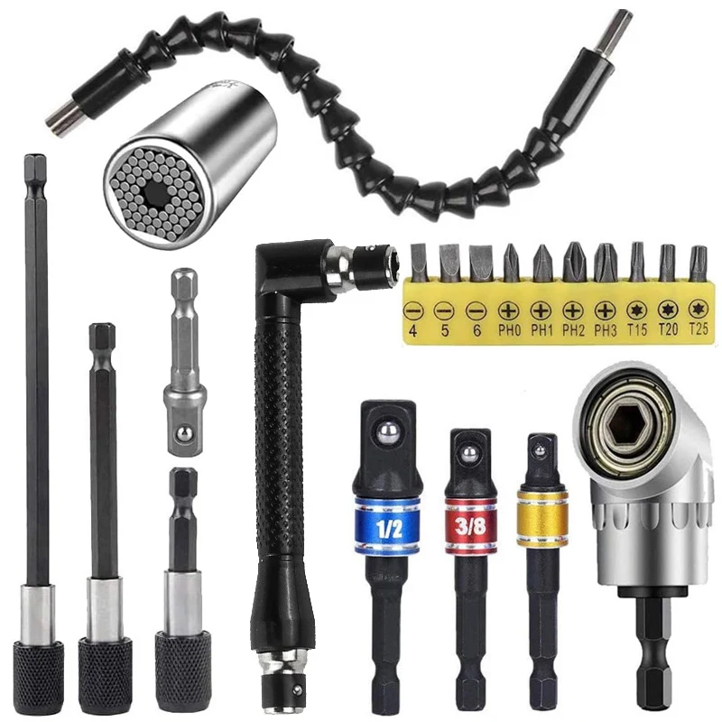 3-21Pcs Flexible Drill Bit Extension Rotatable Socket Adapter & 105° Right Angle Drill 10 Short Screwdriver Bits 90° Angled Bit