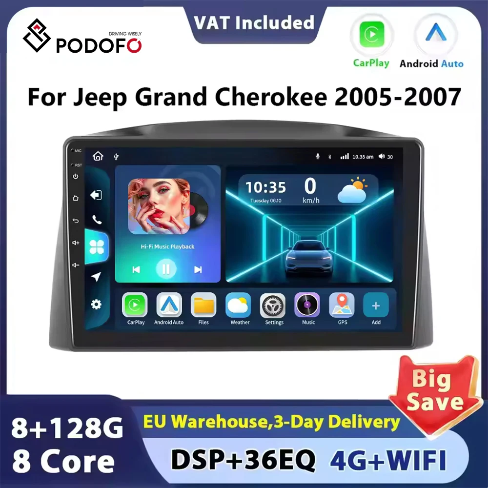 Podofo Android autoradio 10.1 pouces HD écran tactile pour Jeep Grand Cherokee 2005-2007 Carplay Android Auto GPS RDS 2 din AutoRadio