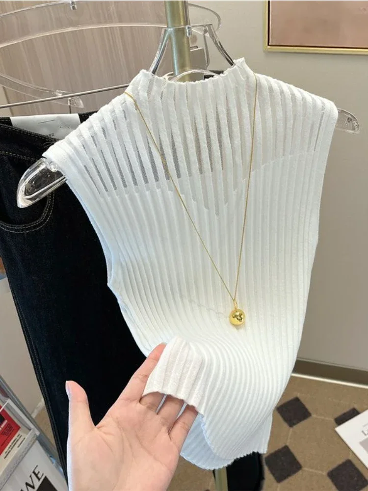 New Women Turtleneck Sleeveless Ribbed Knit Top Wear Clothes Femme High Stretch Y2k Cropped Tank Vest T-shirts