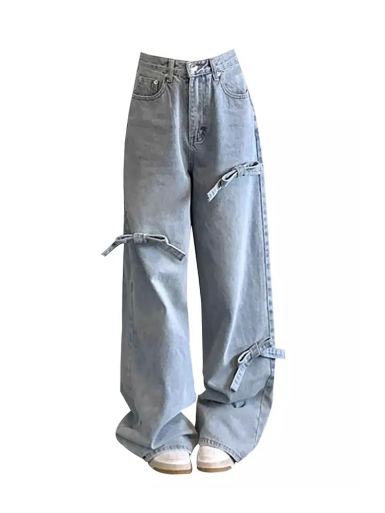 

New Design High Waist Blue Jeans Office Lady Baggy Wide Leg Pants Vintage Bow Denim Trouser Fashion Tide Streetwear Hiphop Y2K