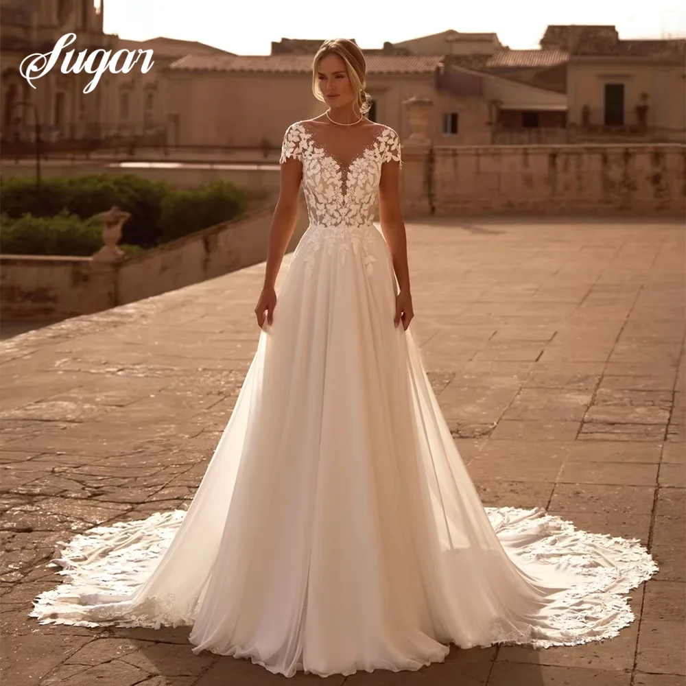 High Quality Boho Wedding Dress V-Neck Customized Cap Sleeve A-Line Illusion Lace Applique Court Train Chiffon Bridal Gowns